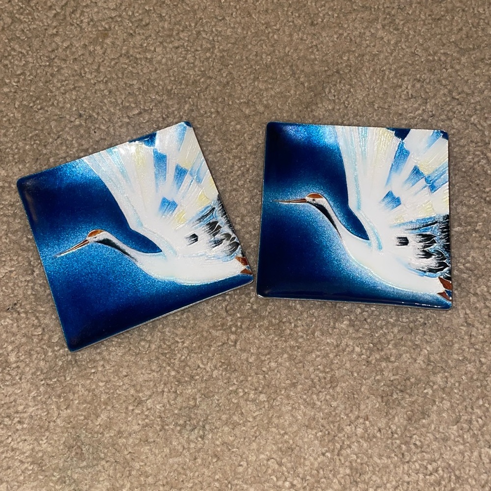 Vintage Japanese Storks Tutanka Enamel Trays Kitakyushu Schippo Yaki (set of 2)
